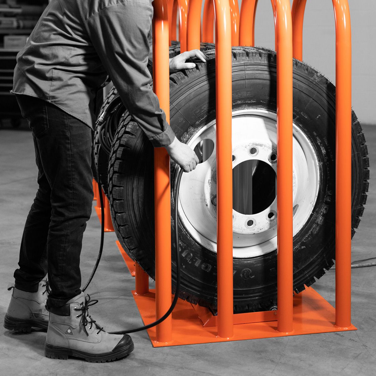 MIC-4 Truck & Bus Tyre Inflation Cage Martins MIC-4 4-bar truck and bus tyre inflation safety cage in safety orange